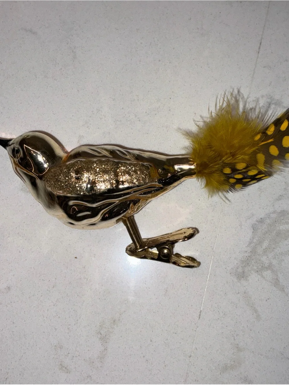 Gold color bird glass clip on Christmas ornament lot of 2 polka dot feathers
